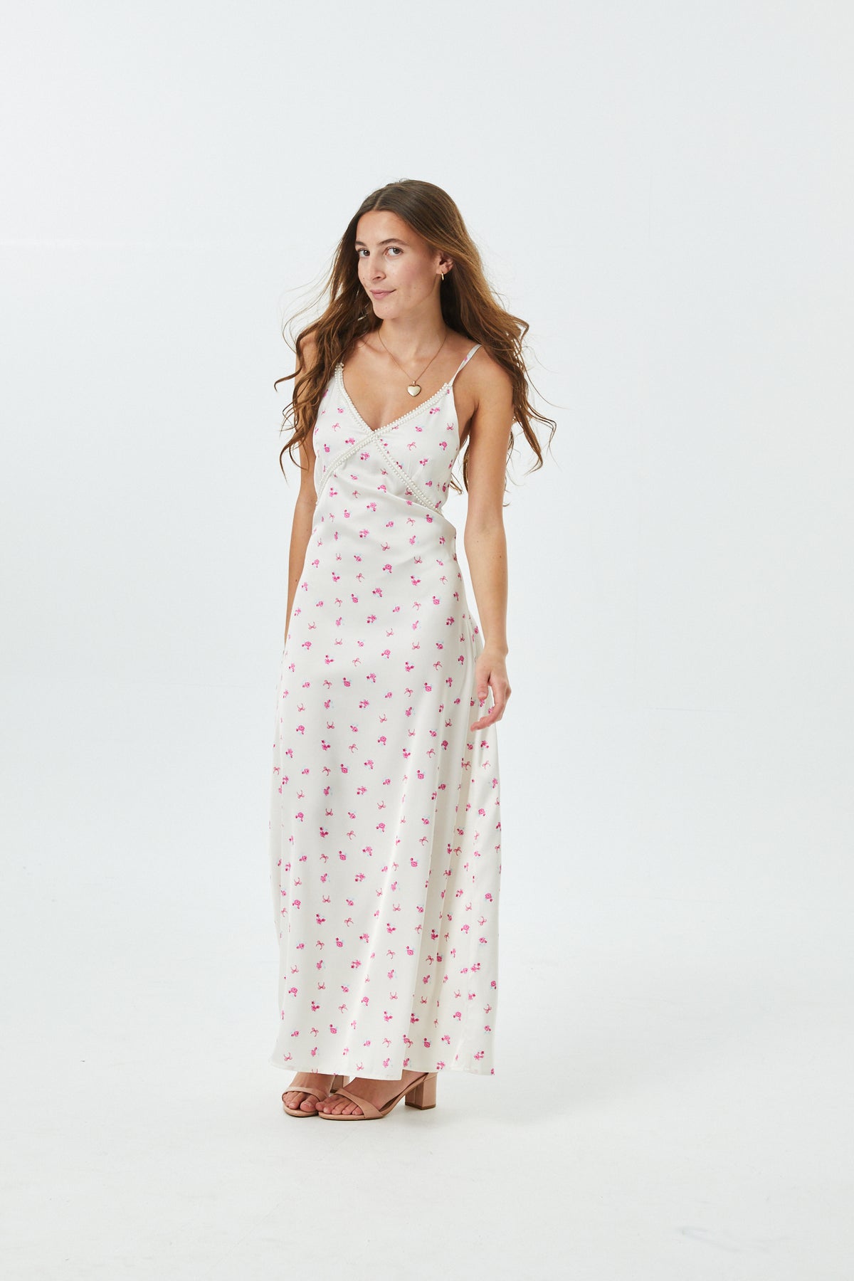 Miller Rose Bow Champagne Satin Maxi Dress With Lace Trim