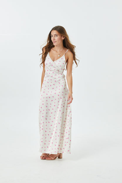 Miller Rose Bow Champagne Satin Maxi Dress With Lace Trim