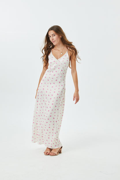 Miller Rose Bow Champagne Satin Maxi Dress With Lace Trim