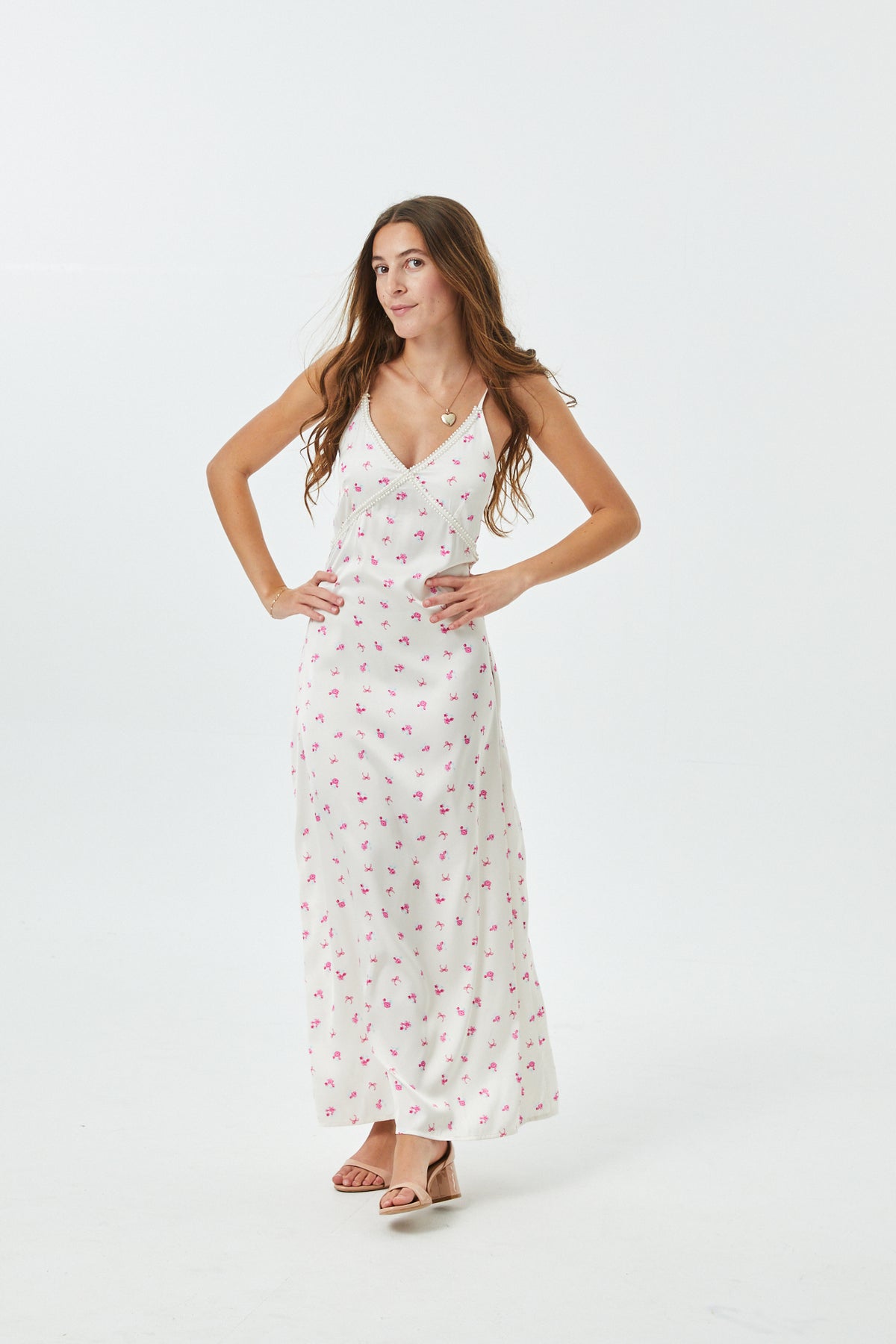 Miller Rose Bow Champagne Satin Maxi Dress With Lace Trim