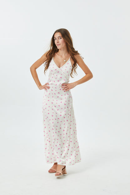 Miller Rose Bow Champagne Satin Maxi Dress With Lace Trim
