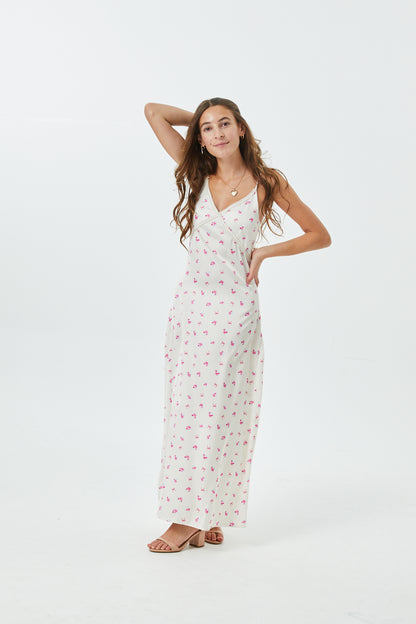 Miller Rose Bow Champagne Satin Maxi Dress With Lace Trim