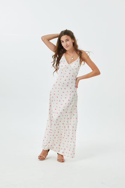 Miller Rose Bow Champagne Satin Maxi Dress With Lace Trim