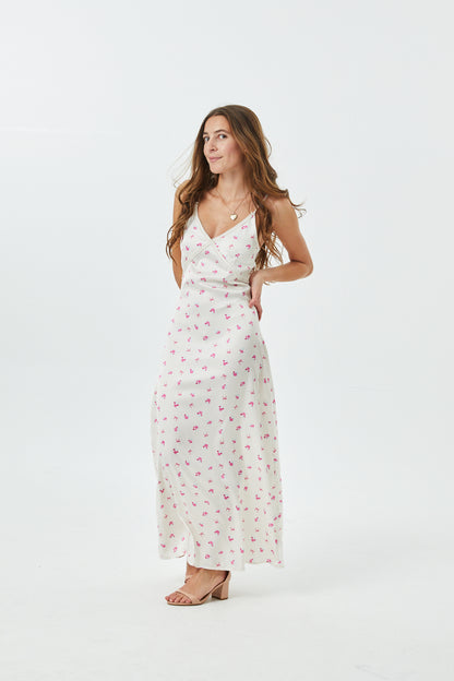 Miller Rose Bow Champagne Satin Maxi Dress With Lace Trim