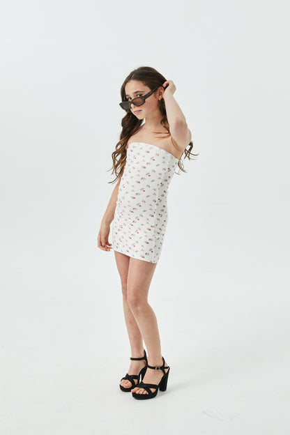 Stevie White With Pastel Pink Ditsy Tube Dress