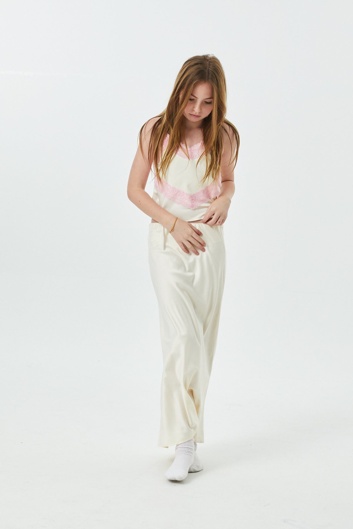 Margot Champagne With Ballet Pink Lace Satin Tank With Lace Trim