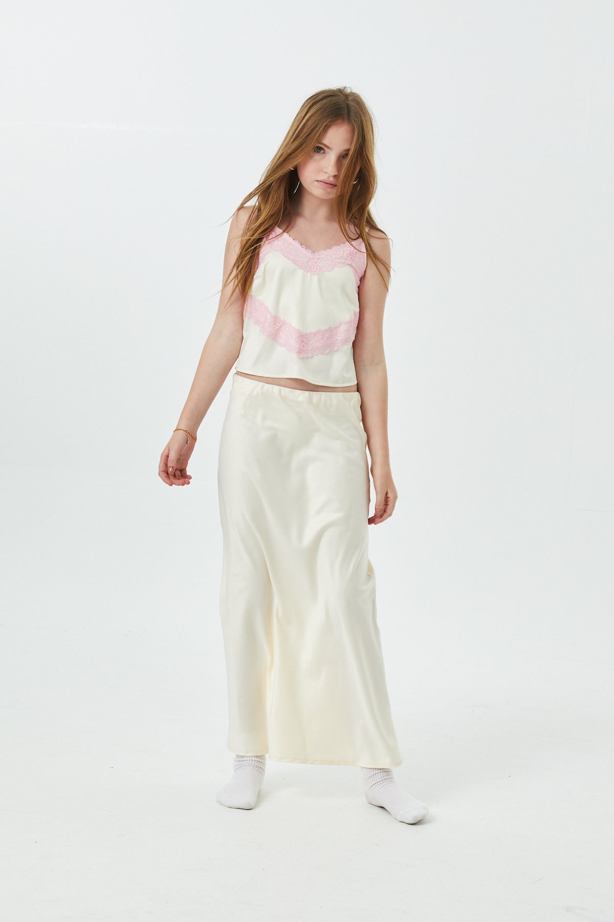 Margot Champagne With Ballet Pink Lace Satin Tank With Lace Trim