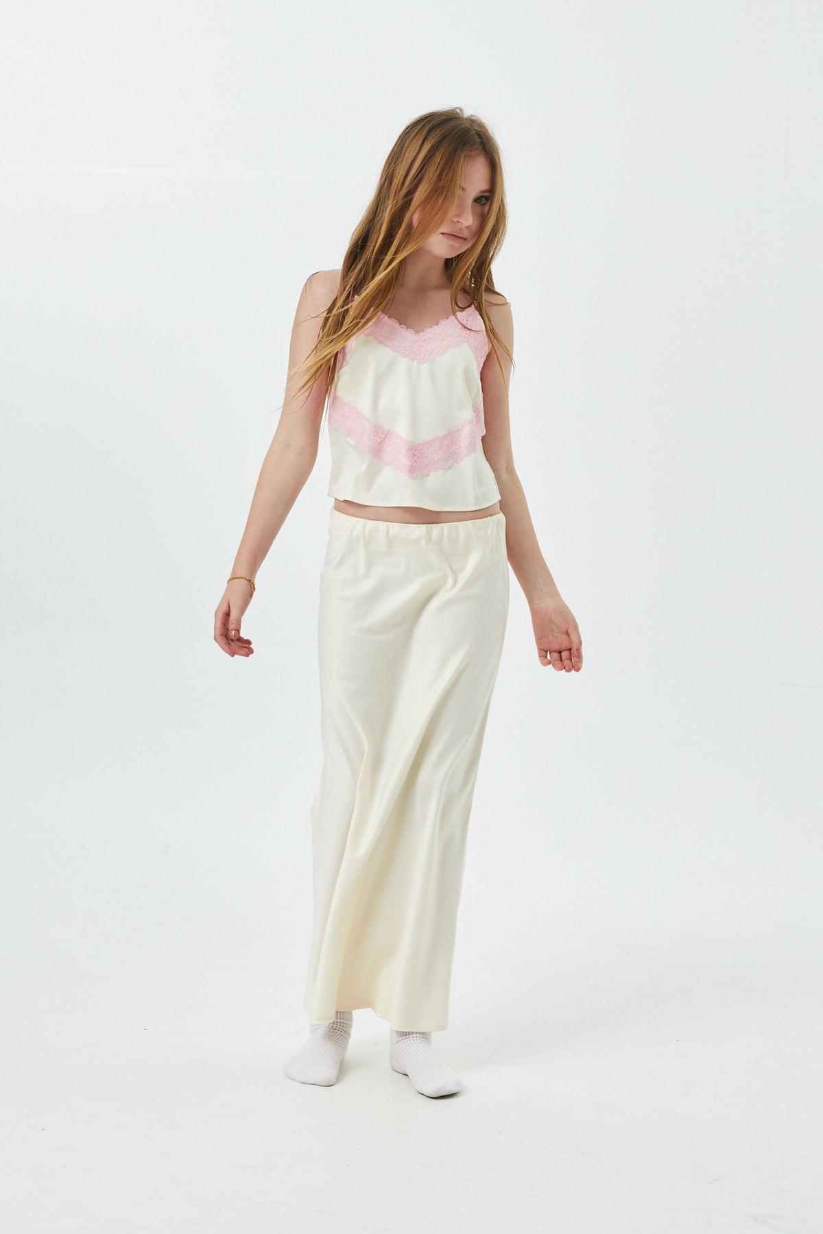 Margot Champagne With Ballet Pink Lace Satin Tank With Lace Trim