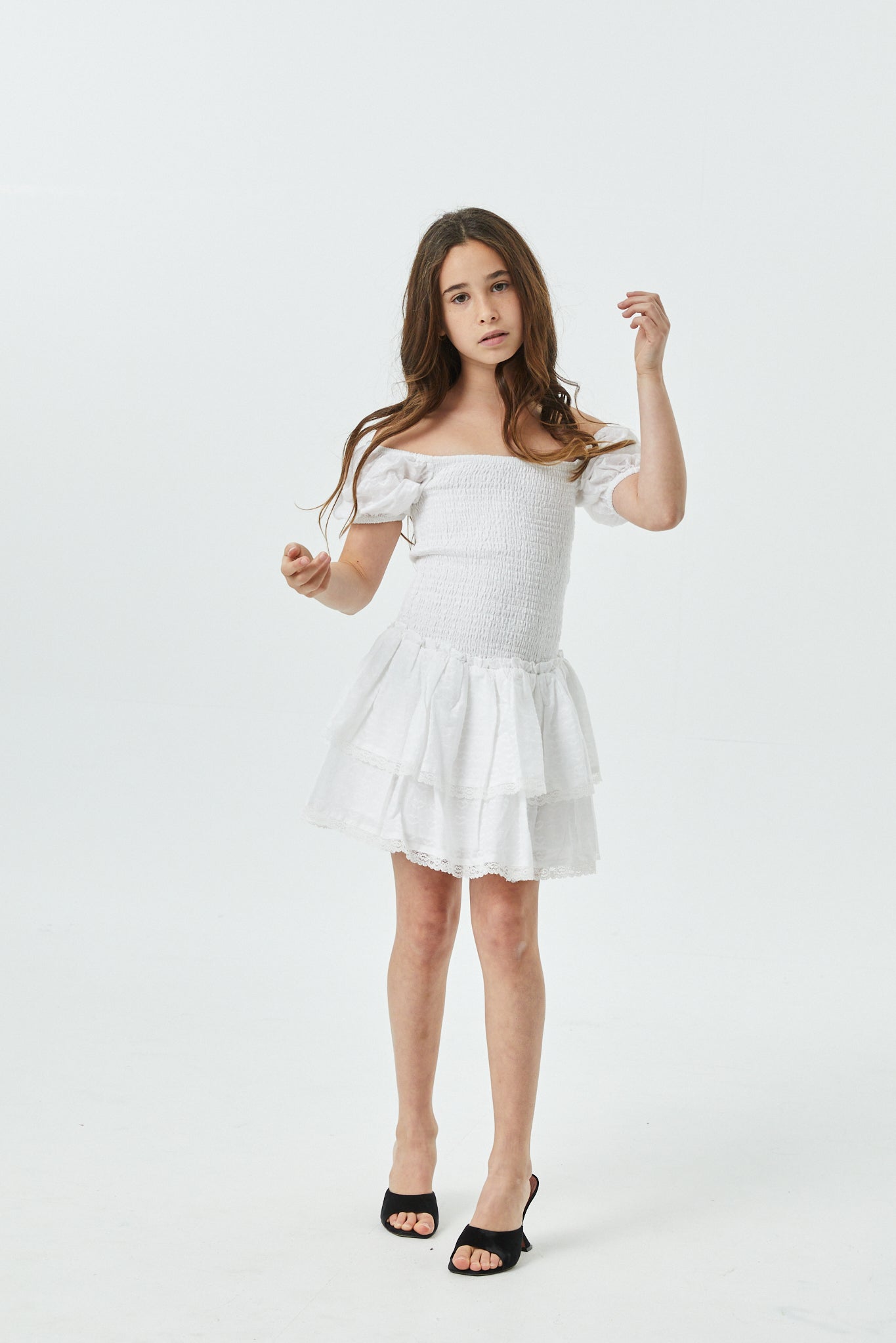 Lexi White Heart Smocked Short Sleeve Ruffle Dress