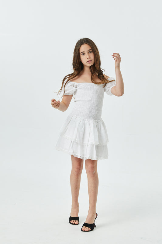 Lexi White Heart Smocked Short Sleeve Ruffle Dress