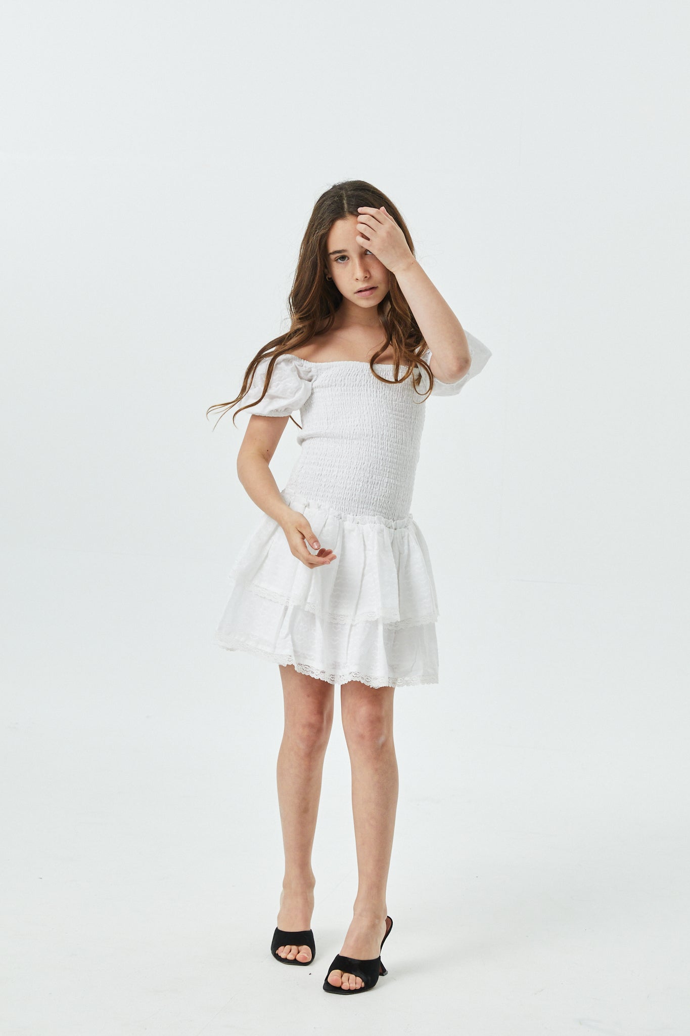 Lexi White Heart Smocked Short Sleeve Ruffle Dress