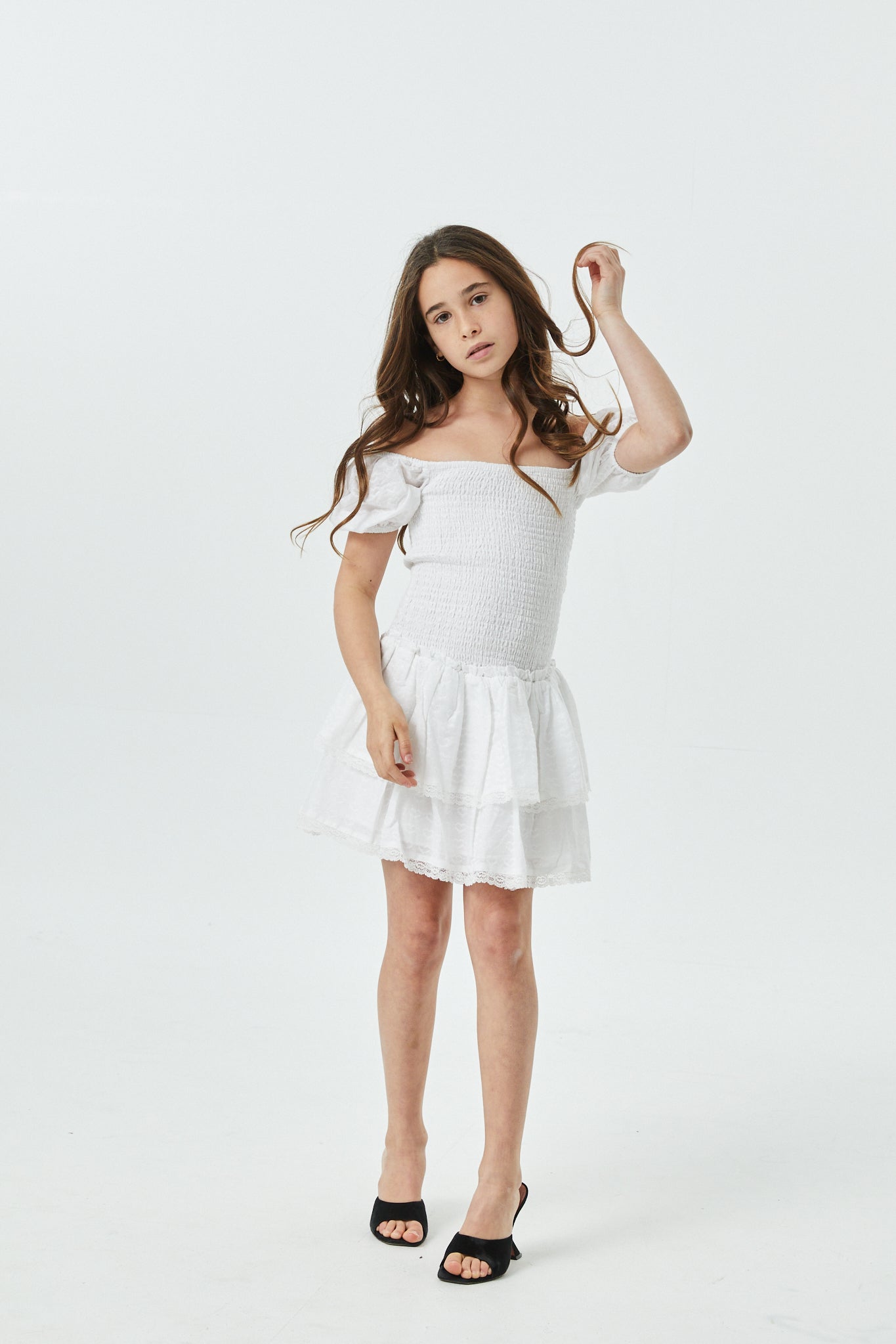 Lexi White Heart Smocked Short Sleeve Ruffle Dress