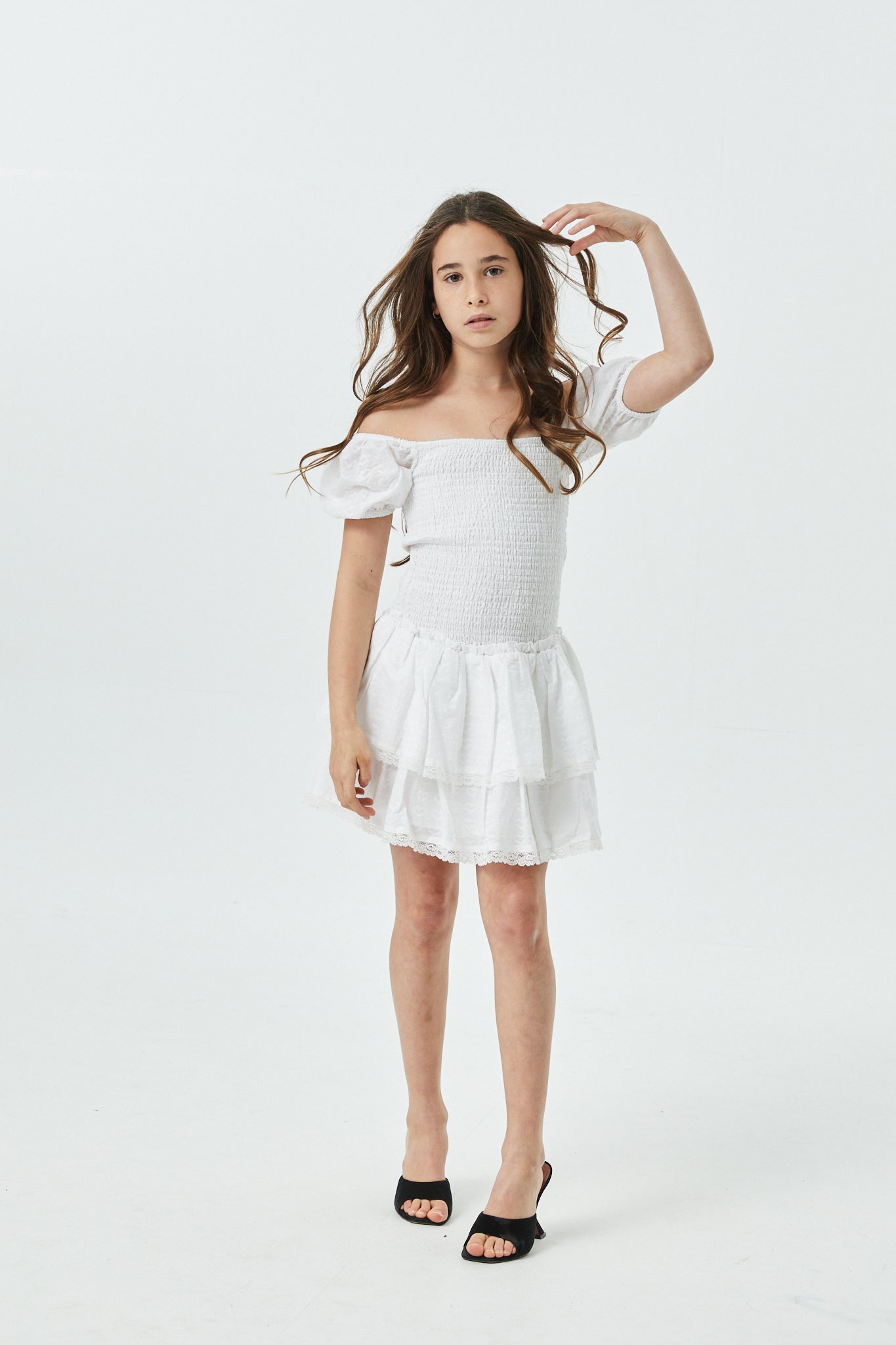 Lexi White Heart Smocked Short Sleeve Ruffle Dress