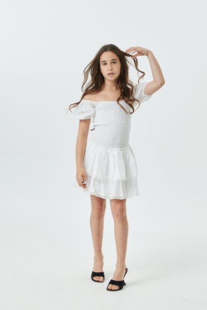 Lexi White Heart Smocked Short Sleeve Ruffle Dress