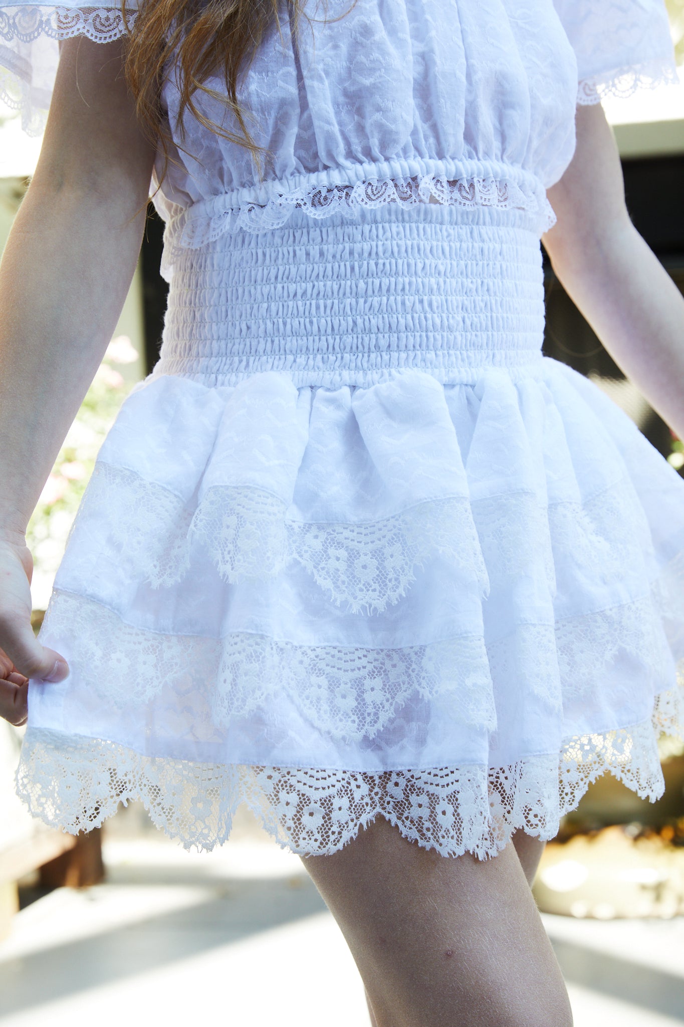 Gemma White Heart Smocked Ruffle Mini Skirt
