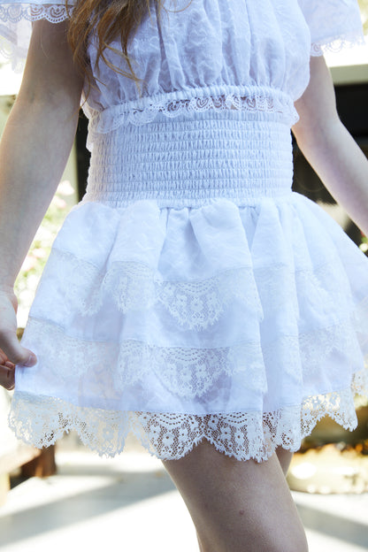 Gemma White Heart Smocked Ruffle Mini Skirt
