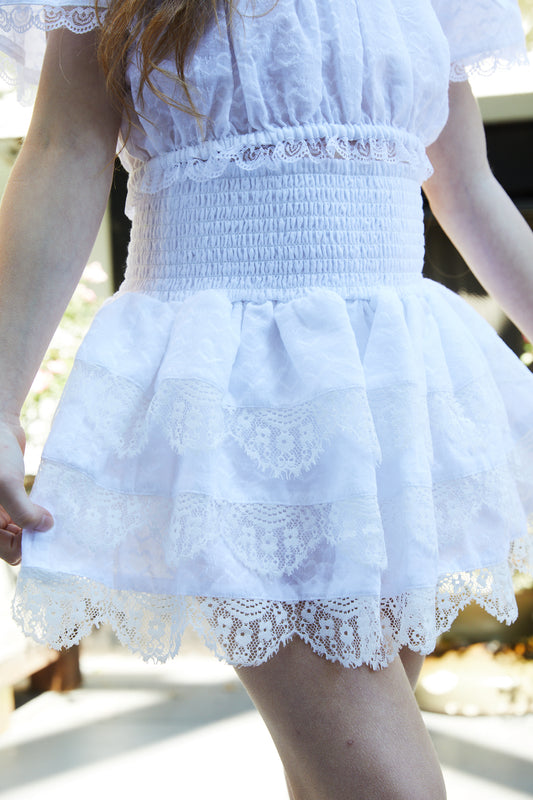 Gemma White Heart Smocked Ruffle Mini Skirt