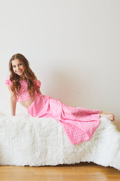 Joey Pink With Red Hearts Satin Maxi