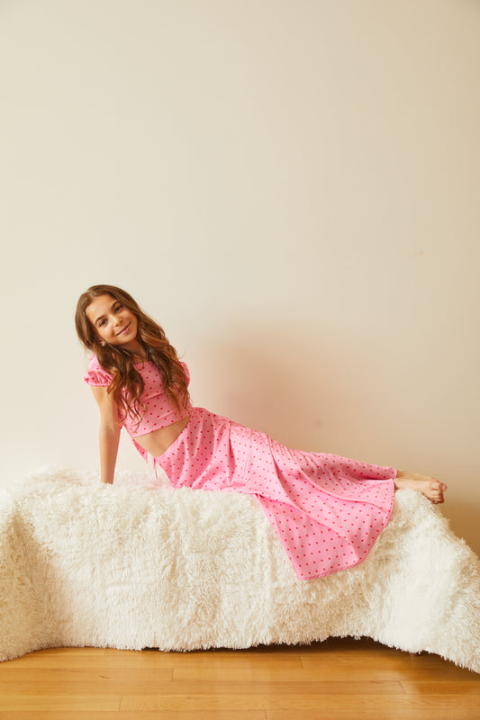 Joey Pink With Red Hearts Satin Maxi