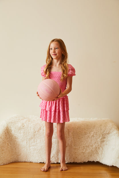 Lexi Pink With Red Hearts Satin Smocked Short Sleeve Ruffle Dress