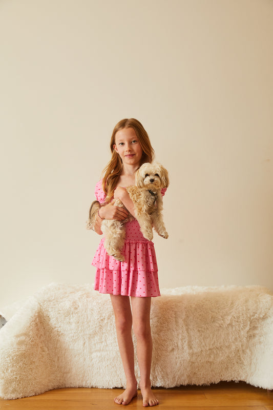 Lexi Pink With Red Hearts Satin Smocked Short Sleeve Ruffle Dress