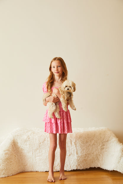 Lexi Pink With Red Hearts Satin Smocked Short Sleeve Ruffle Dress