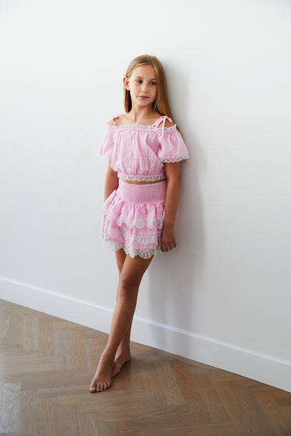 Gemma Pink Heart Smocked Ruffle Mini Skirt