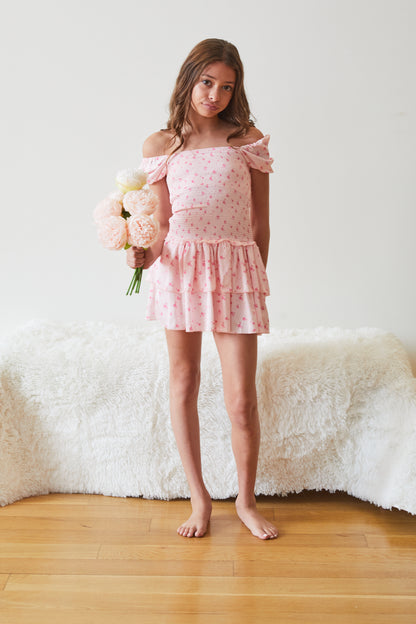 Lexi Pastel Pink Ditsy Satin Smocked Short Sleeve Ruffle Dress