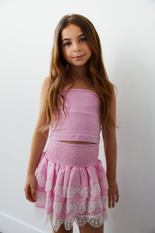Gemma Pink Heart Smocked Ruffle Mini Skirt