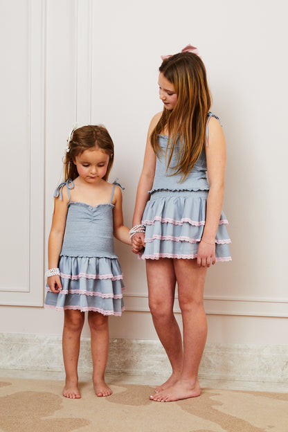 Gemma Satin Grey Mini Skirt with Pink Lace