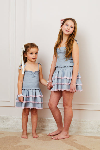 Gemma Satin Grey Mini Skirt with Pink Lace