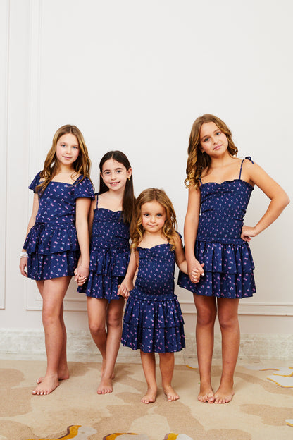 Lola Satin Smocked Ruffle Dress - Navy Rose