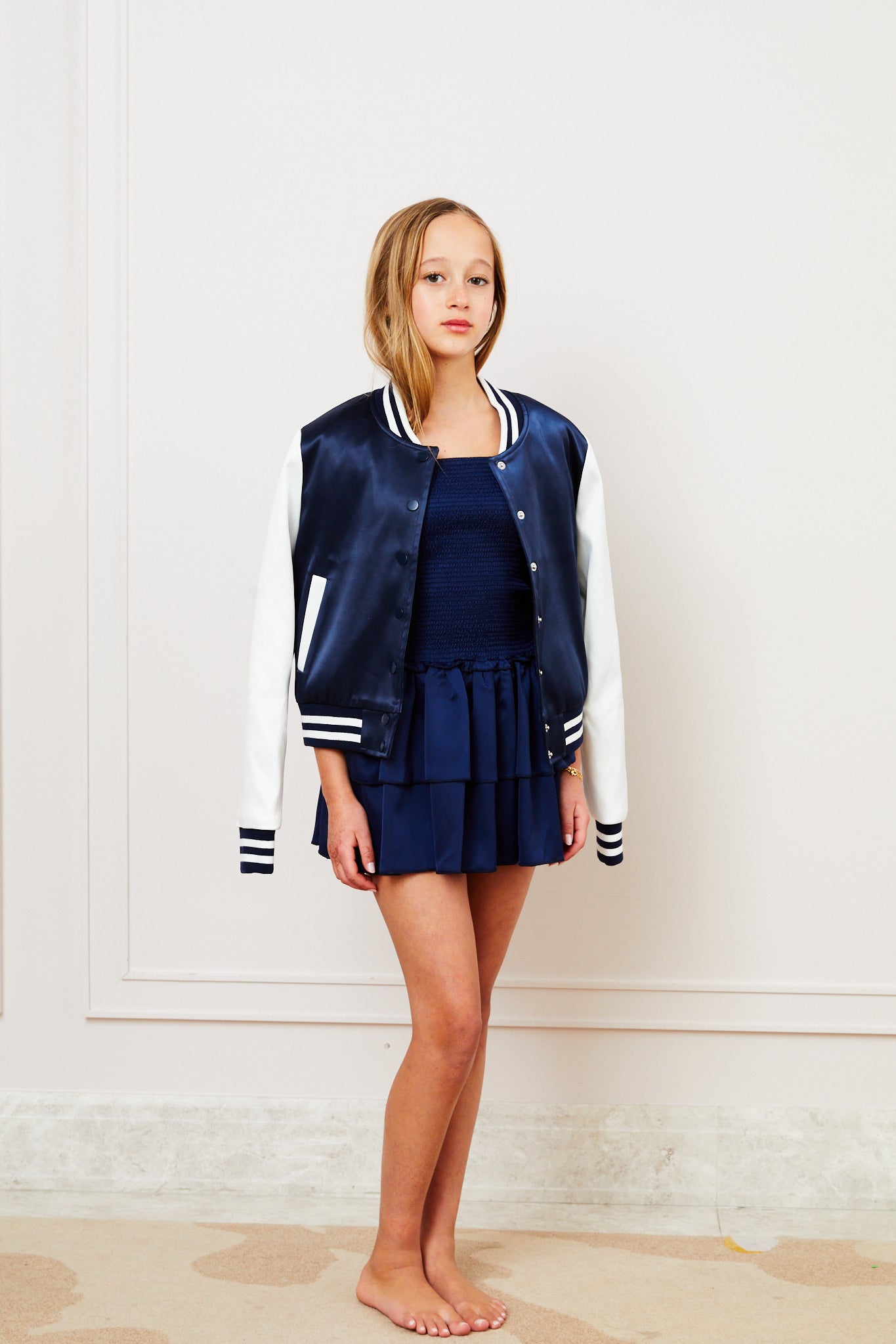 Valley Satin Varsity Jacket Navy & White