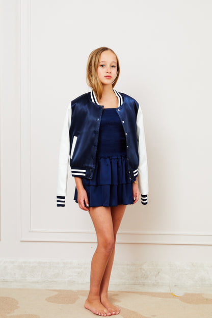 Valley Satin Varsity Jacket Navy & White