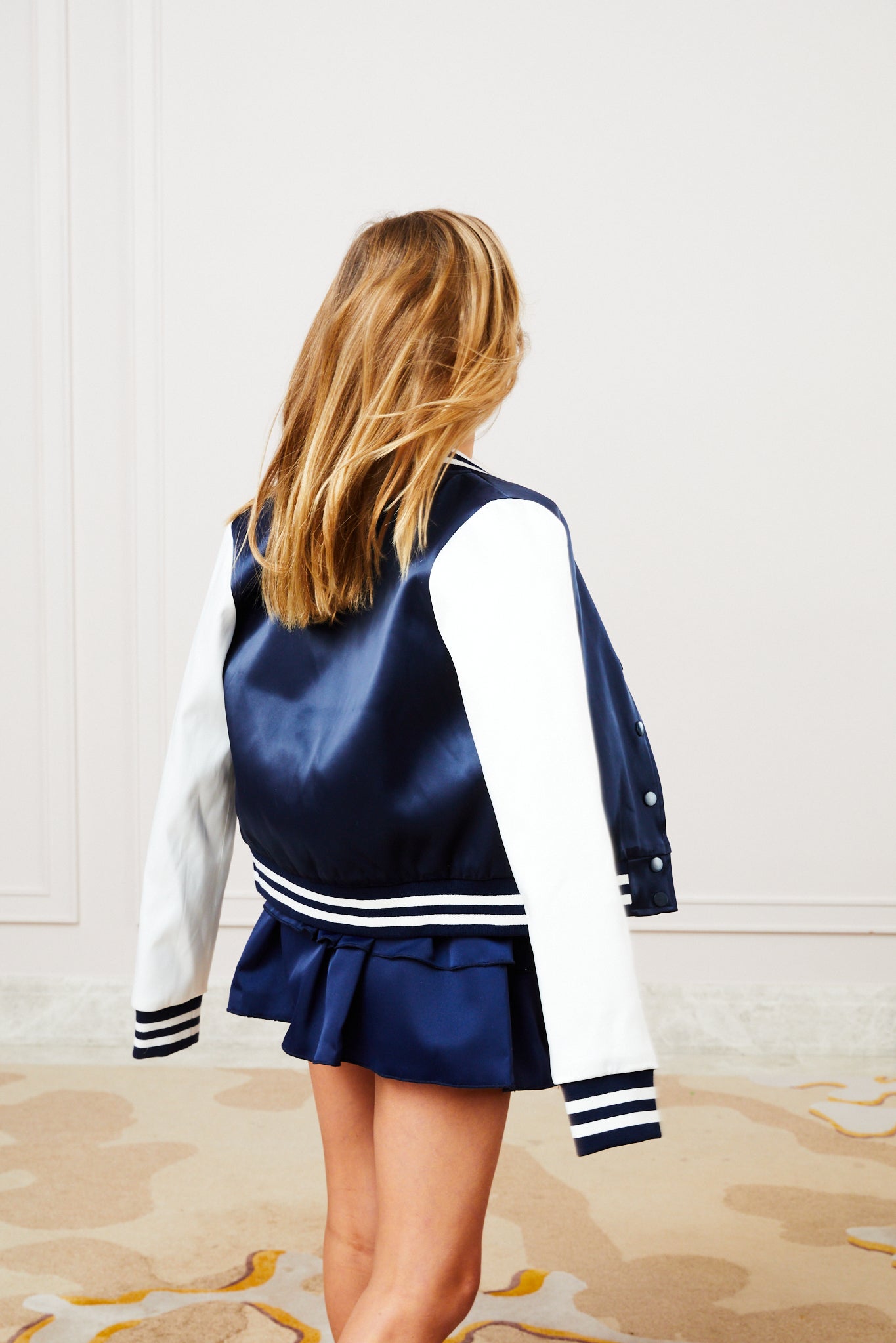 Valley Satin Varsity Jacket Navy & White