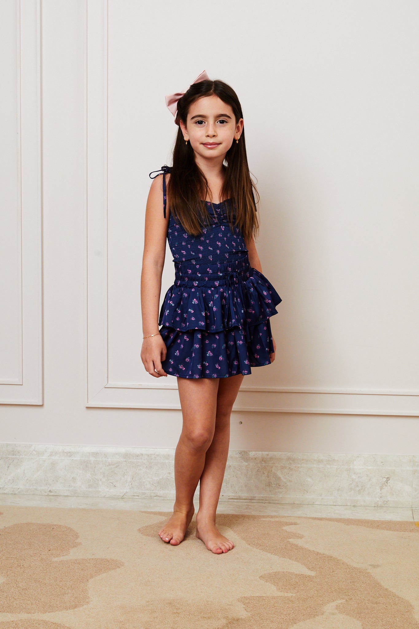 Georgia Navy Rose Satin Smocked Top