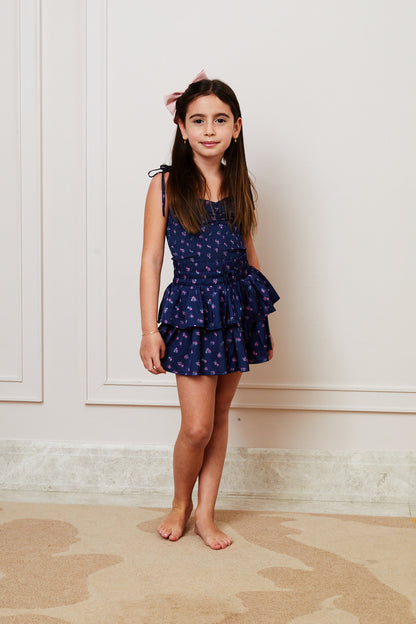 Georgia Navy Rose Satin Smocked Top