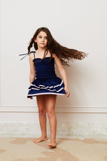 Georgia Navy Satin Smocked Top
