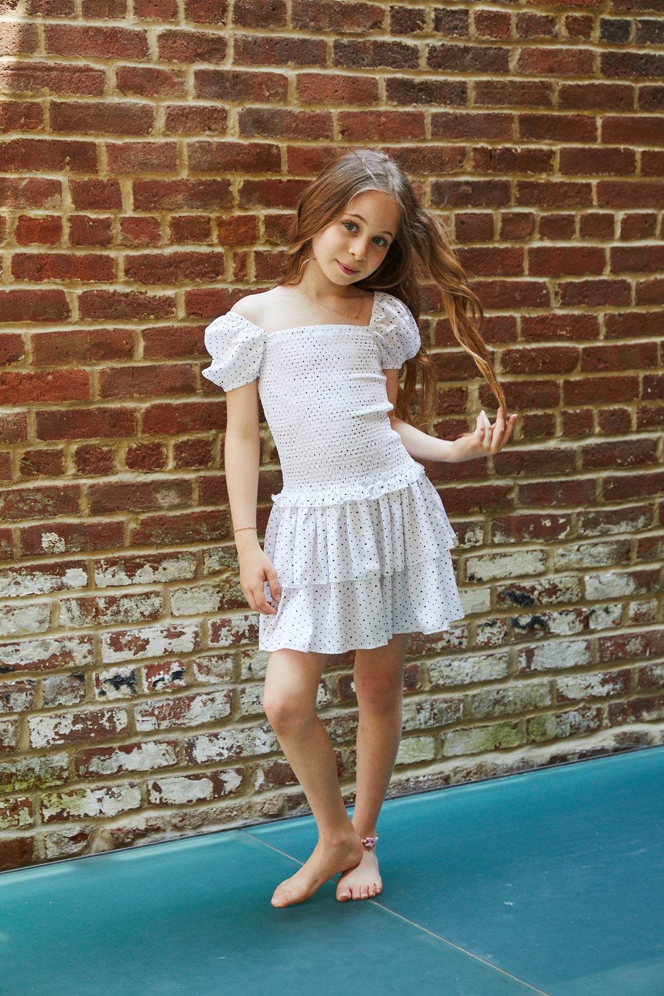 Lexi Petite Heart Satin Smocked Short Sleeve Ruffle Dress