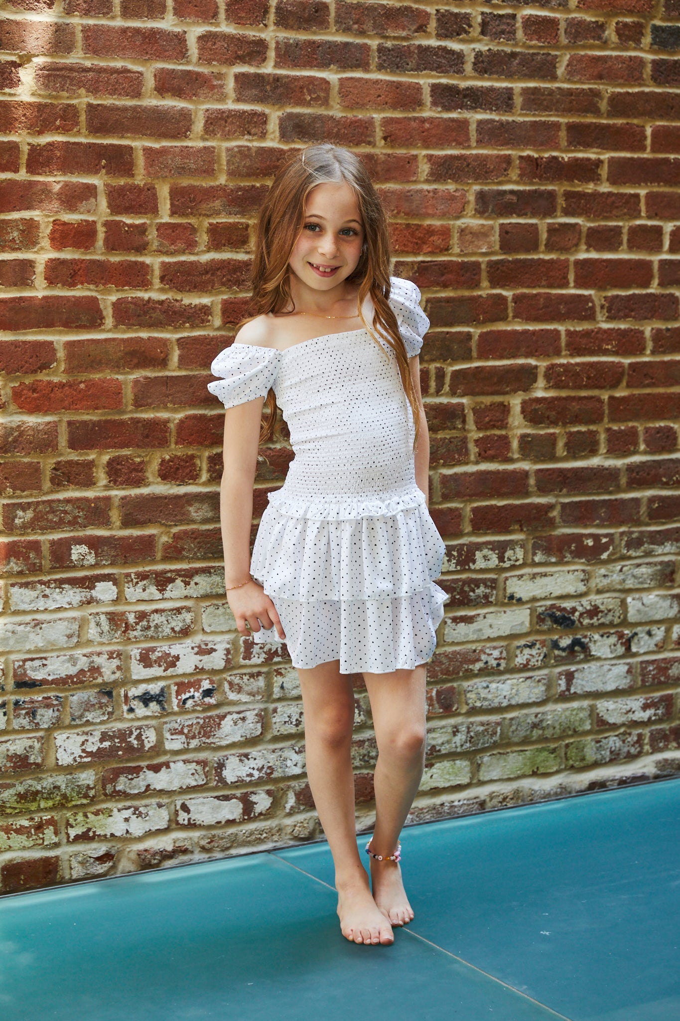 Lexi Petite Heart Satin Smocked Short Sleeve Ruffle Dress