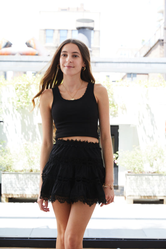 Stella Black Ribbed Tank Lace Trim