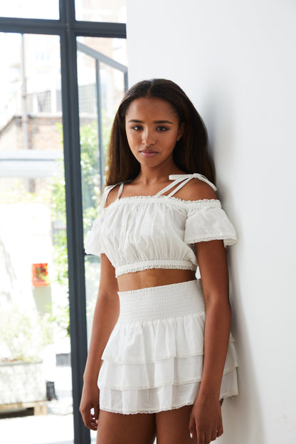 Gemma White Dot Smocked Ruffle Mini Skirt