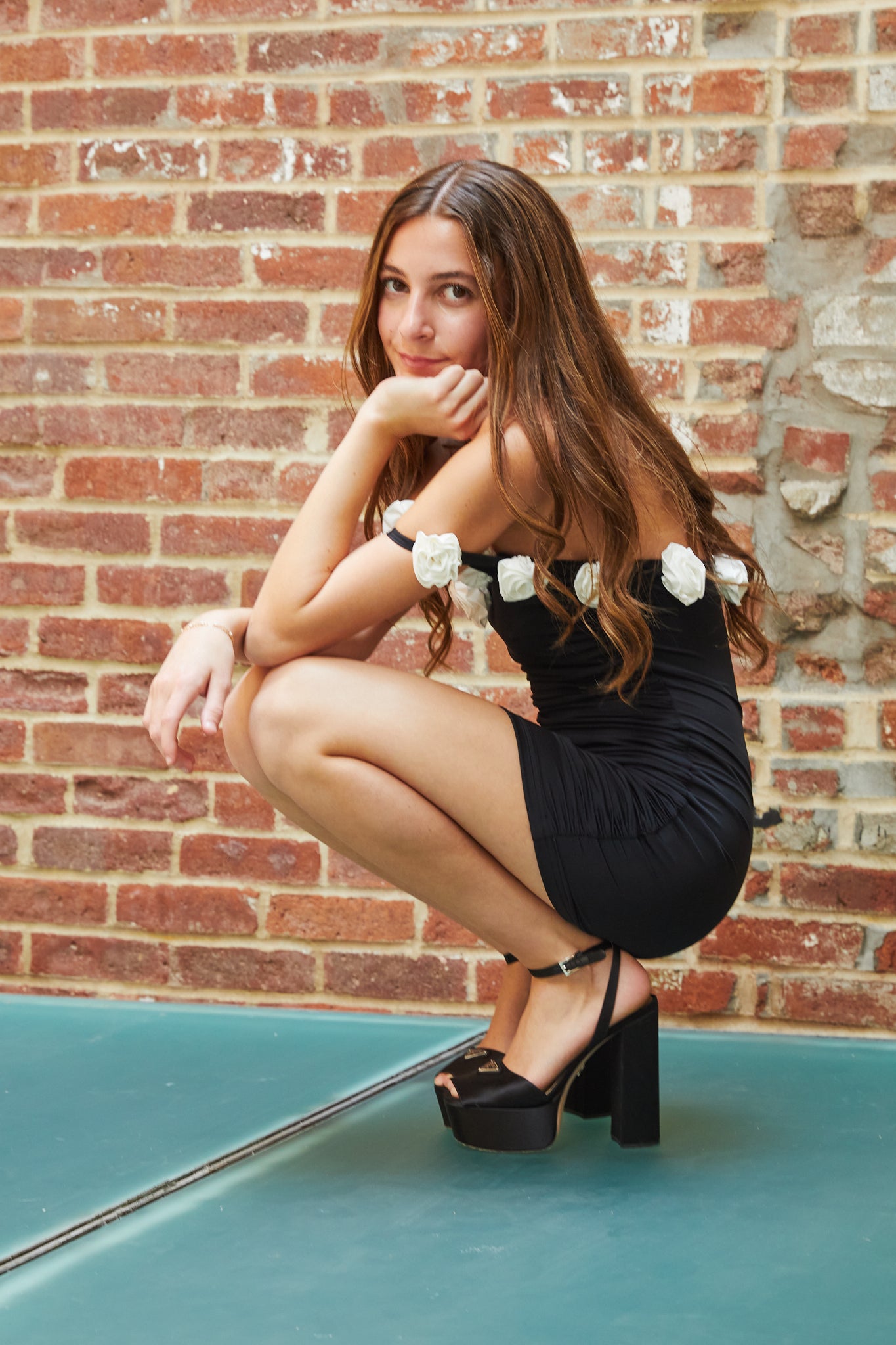 Cameron Black With White Roses Rose Off the Shoulder Mini Dress