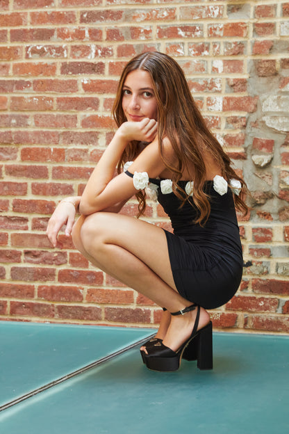 Cameron Black With White Roses Rose Off the Shoulder Mini Dress