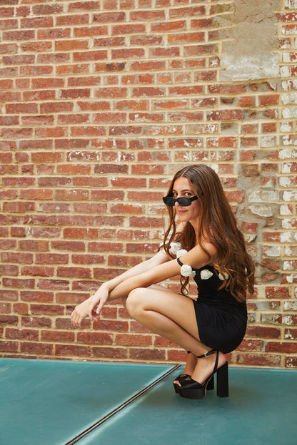 Cameron Black With White Roses Rose Off the Shoulder Mini Dress