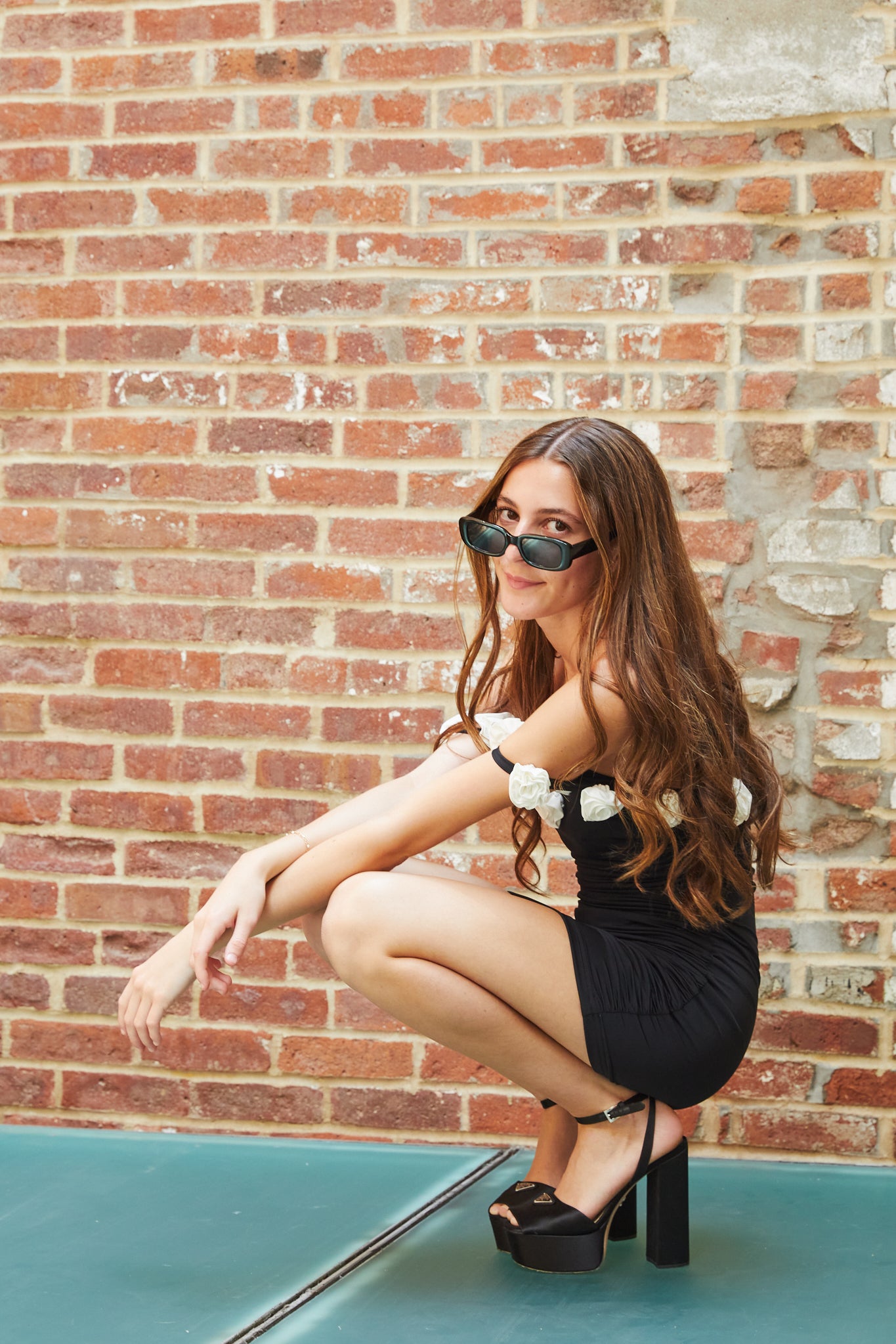 Cameron Black With White Roses Rose Off the Shoulder Mini Dress