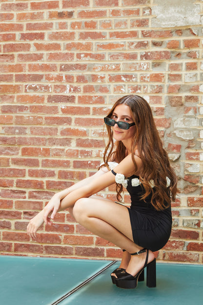 Cameron Black With White Roses Rose Off the Shoulder Mini Dress