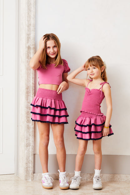 Gemma Satin Rose Mini Skirt with Navy Lace