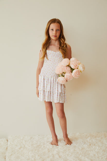 Lola White With Pastel Yellow Ditsy Satin Smocked Ruffle Dress