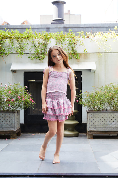 Georgia Pink Ditsy Satin Smocked Top